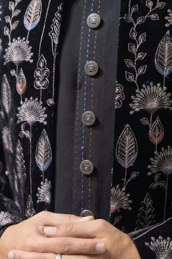 black velvet finish floral embroidery indo western sherwani