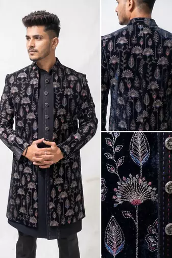 black velvet finish floral embroidery indo western sherwani