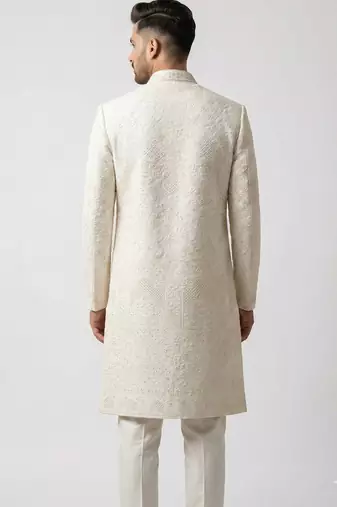 white silk blend crystal thread embroidered sherwani