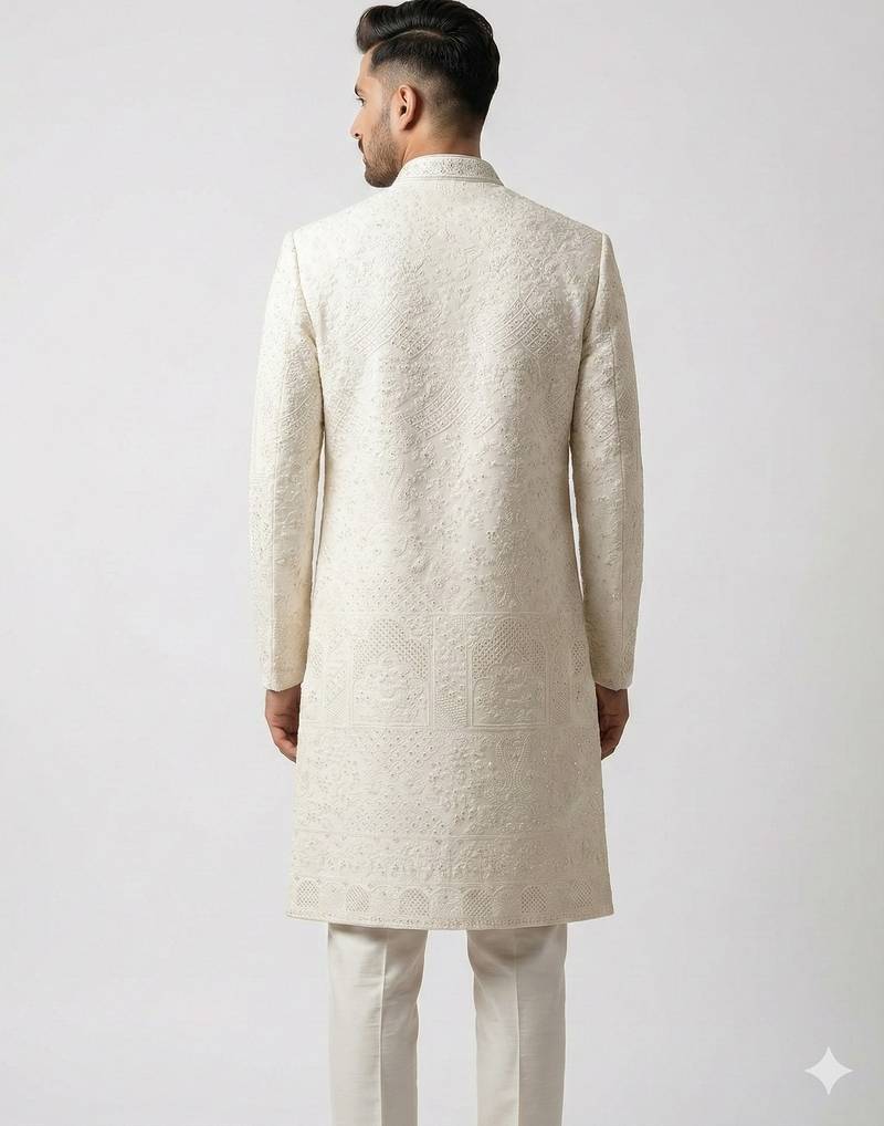 white silk blend crystal thread embroidered sherwani