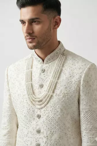 white silk blend crystal thread embroidered sherwani