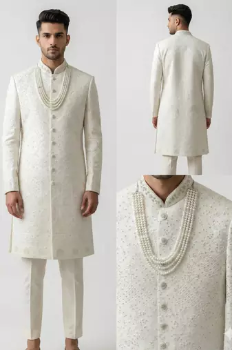 white silk blend crystal thread embroidered sherwani
