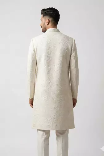 white silk blend crystal thread embroidered sherwani