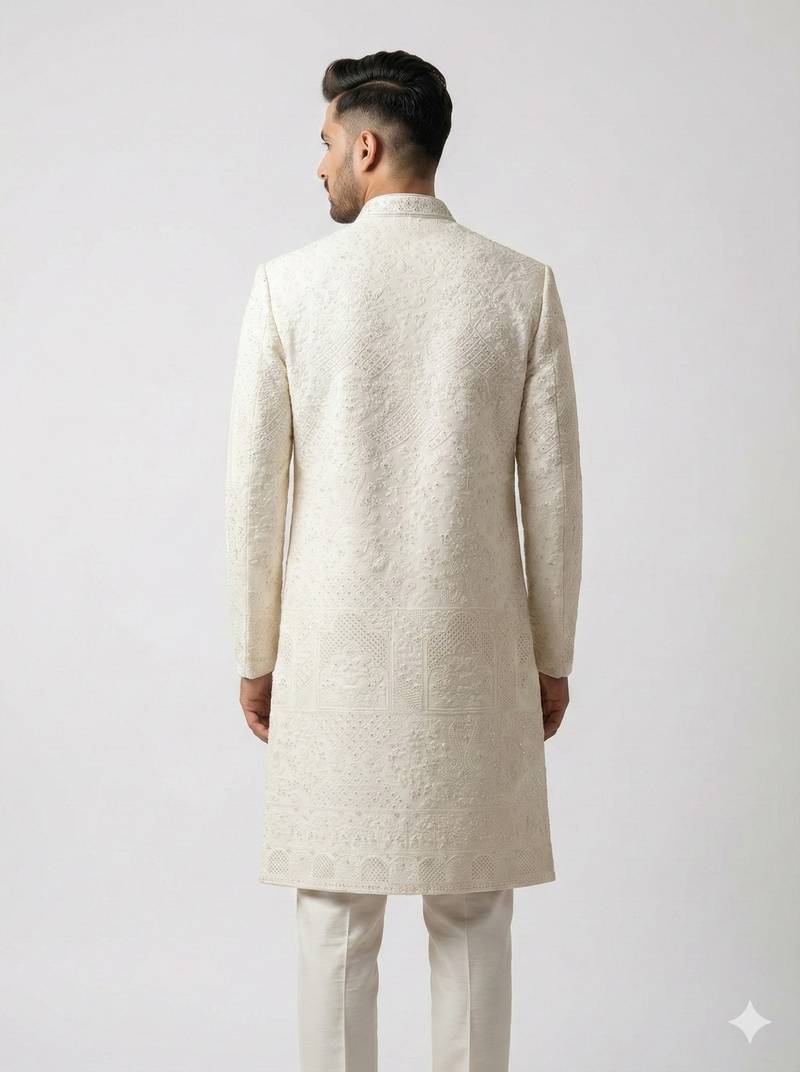 white silk blend crystal thread embroidered sherwani