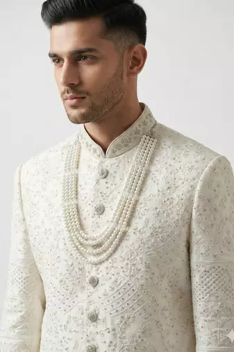 white silk blend crystal thread embroidered sherwani