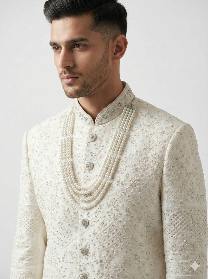 white silk blend crystal thread embroidered sherwani