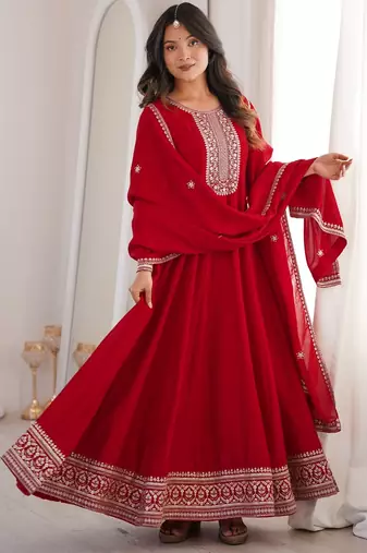 Bridal red heavy vichitra silk full flare anarkali gown with embroidered dupatta