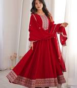 Bridal red heavy vichitra silk full flare anarkali gown with embroidered dupatta