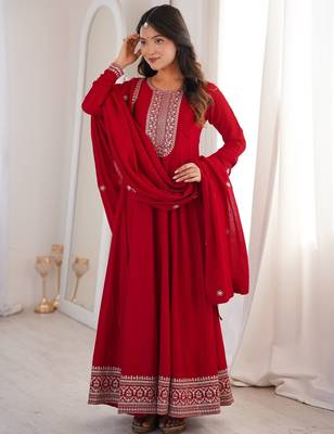 Bridal red heavy vichitra silk full flare anarkali gown with embroidered dupatta 2
