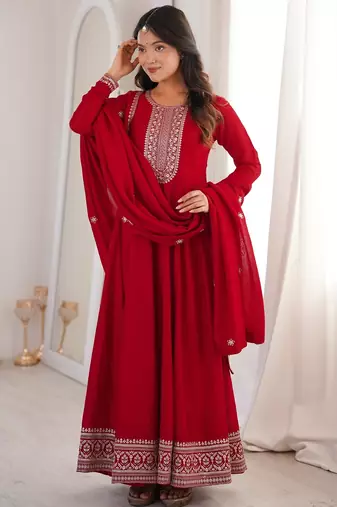 Bridal red heavy vichitra silk full flare anarkali gown with embroidered dupatta