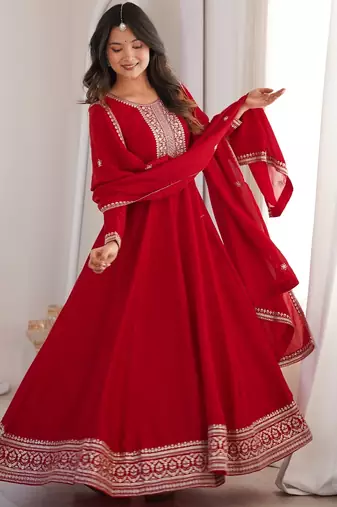 Bridal red heavy vichitra silk full flare anarkali gown with embroidered dupatta