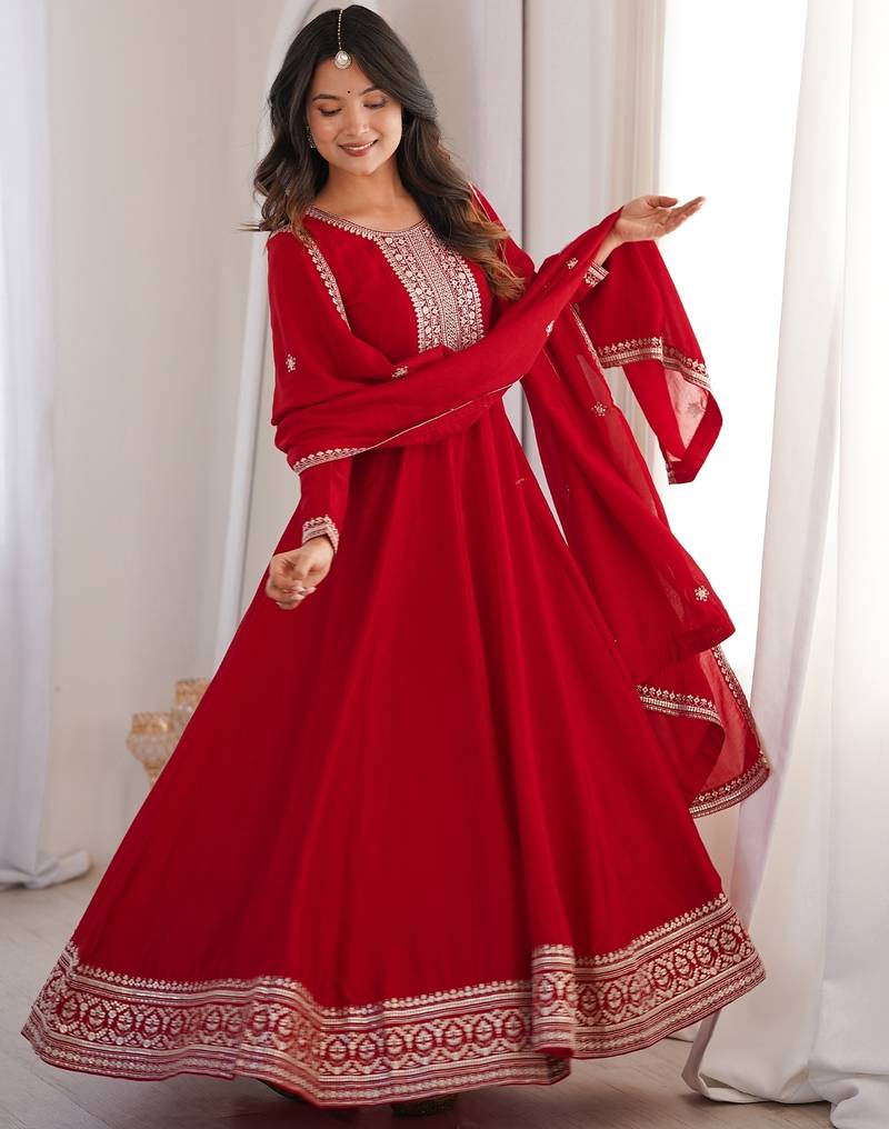 Bridal red heavy vichitra silk full flare anarkali gown with embroidered dupatta