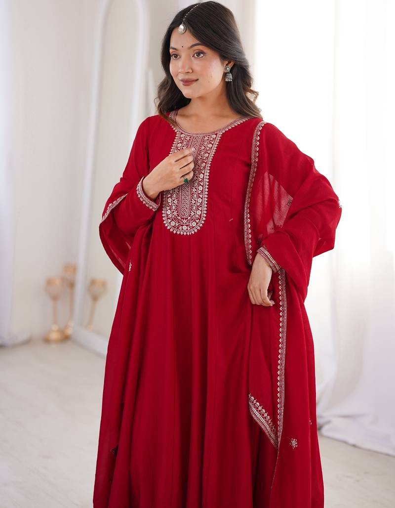 Bridal red heavy vichitra silk full flare anarkali gown with embroidered dupatta