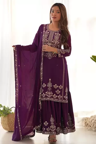 Plum purple chinon silk sharara suit with zari sequins embroidery and chinon dupatta
