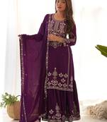 Plum purple chinon silk sharara suit with zari sequins embroidery and chinon dupatta