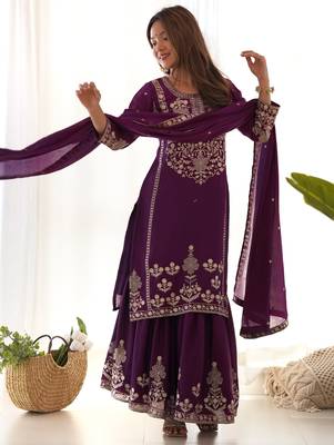 Plum purple chinon silk sharara suit with zari sequins embroidery and chinon dupatta 2