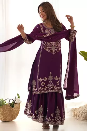 Plum purple chinon silk sharara suit with zari sequins embroidery and chinon dupatta
