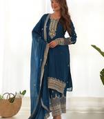 Teal blue pure chinon silk kurta pant set with sequins zari embroidery and dupatta