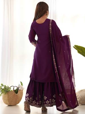 Plum purple chinon silk sharara suit with zari sequins embroidery and chinon dupatta 3