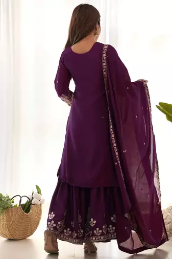 Plum purple chinon silk sharara suit with zari sequins embroidery and chinon dupatta