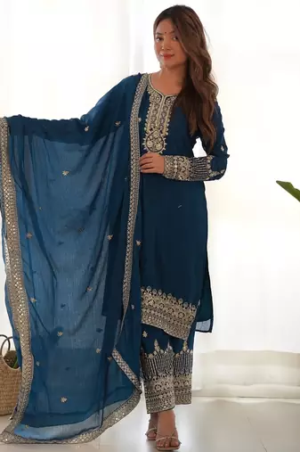 Teal blue pure chinon silk kurta pant set with sequins zari embroidery and dupatta