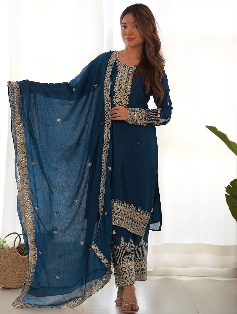 Teal blue pure chinon silk kurta pant set with sequins zari embroidery and dupatta