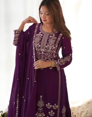 Plum purple chinon silk sharara suit with zari sequins embroidery and chinon dupatta 4