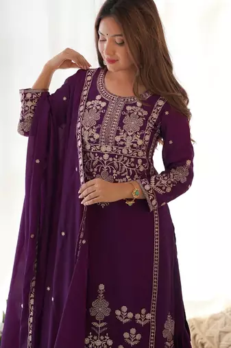Plum purple chinon silk sharara suit with zari sequins embroidery and chinon dupatta