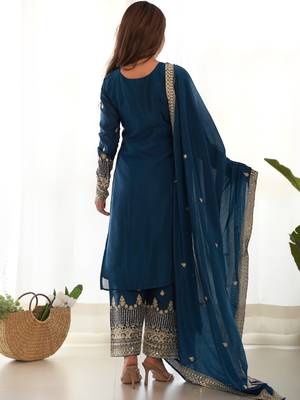 Teal blue pure chinon silk kurta pant set with sequins zari embroidery and dupatta 3
