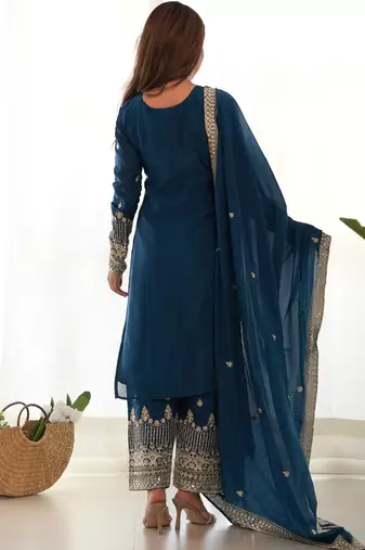 Teal blue pure chinon silk kurta pant set with sequins zari embroidery and dupatta