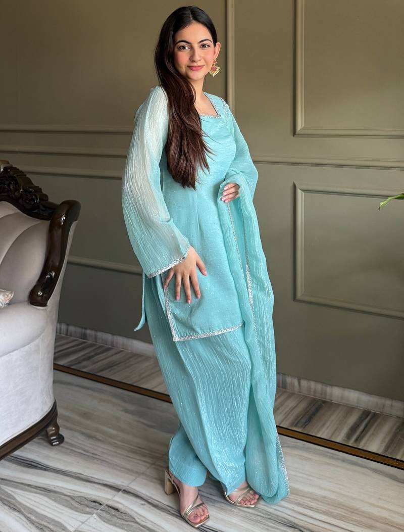 Sky blue crunchy silk kurta salwar set with swarovski crystal work and lace border dupatta