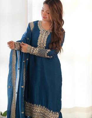 Teal blue pure chinon silk kurta pant set with sequins zari embroidery and dupatta 4