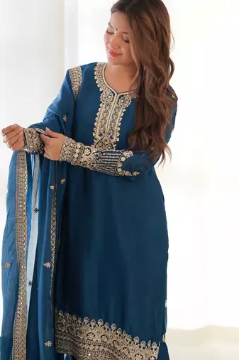 Teal blue pure chinon silk kurta pant set with sequins zari embroidery and dupatta