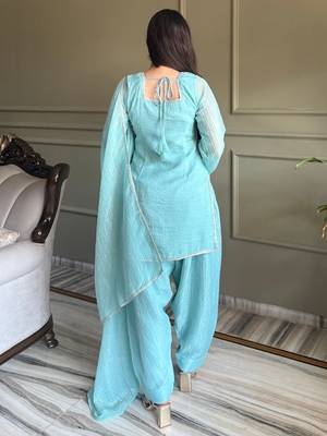 Sky blue crunchy silk kurta salwar set with swarovski crystal work and lace border dupatta 3