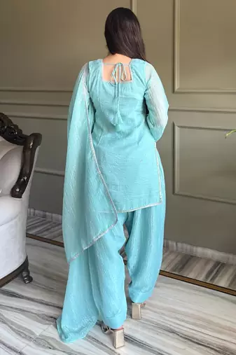 Sky blue crunchy silk kurta salwar set with swarovski crystal work and lace border dupatta