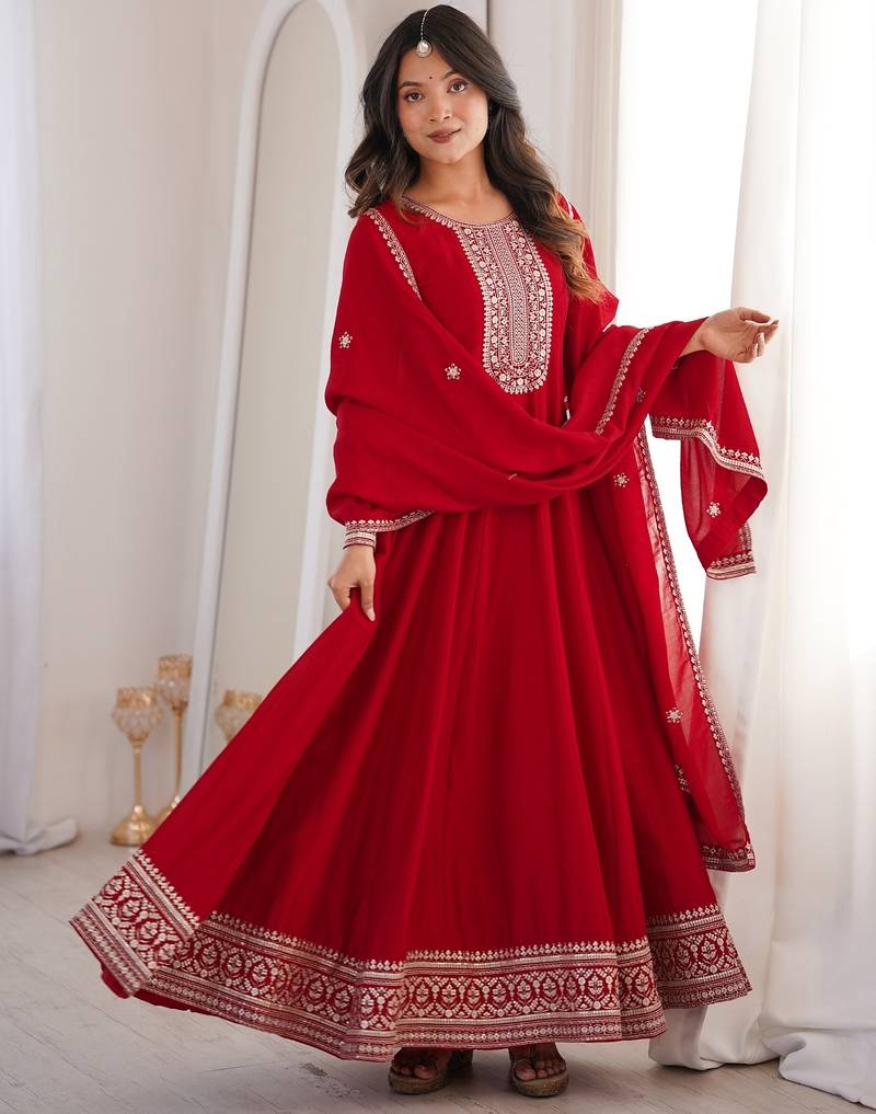 Bridal red heavy vichitra silk full flare anarkali gown with embroidered dupatta