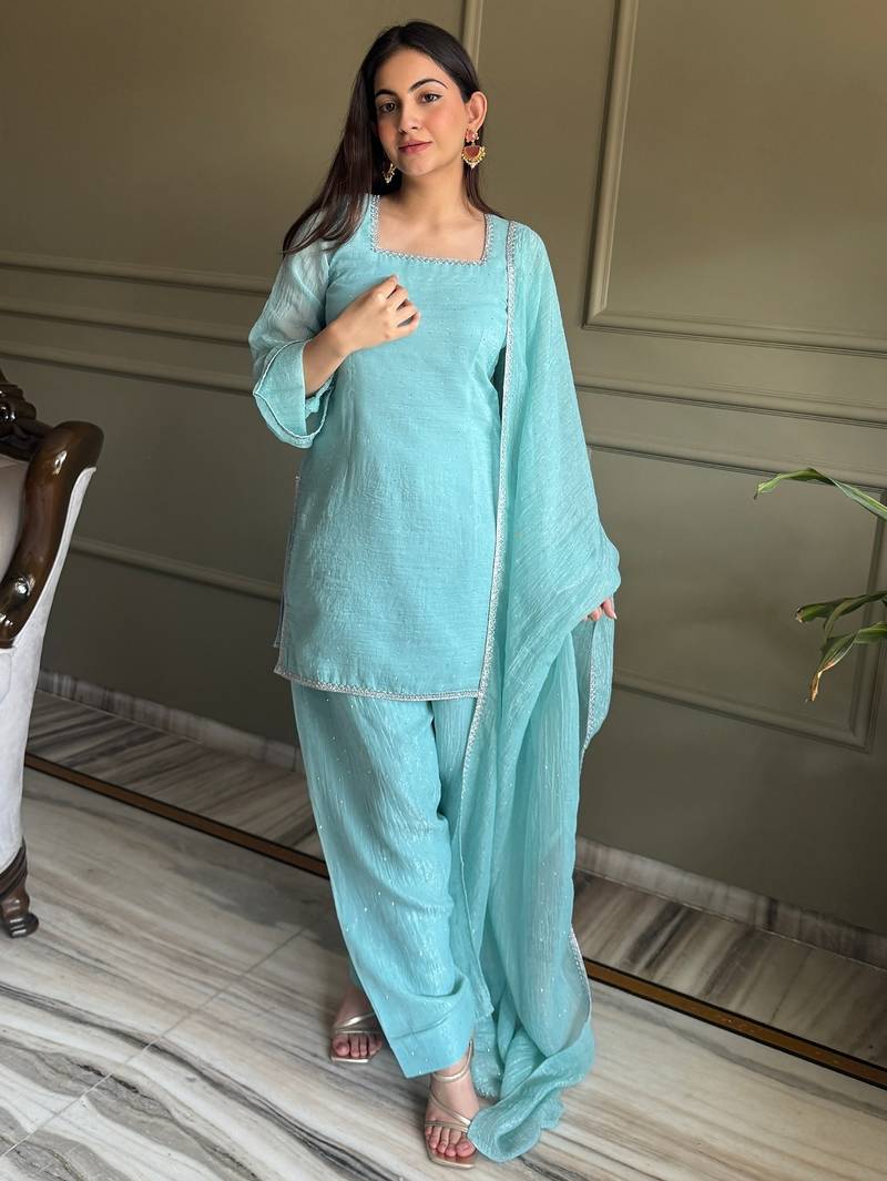 Sky blue crunchy silk kurta salwar set with swarovski crystal work and lace border dupatta
