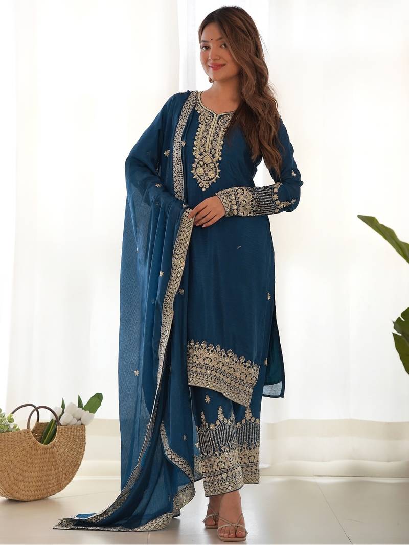 Teal blue pure chinon silk kurta pant set with sequins zari embroidery and dupatta