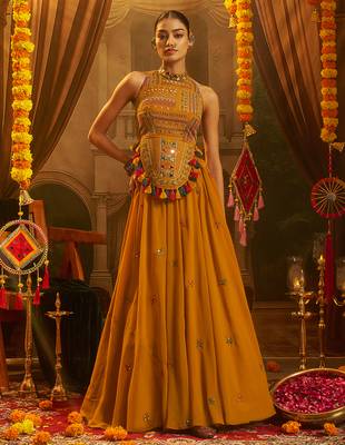 Mustard Yellow Georgette Lehenga with Hand Embroidered Halter Blouse and Tassel Shell Detail 1