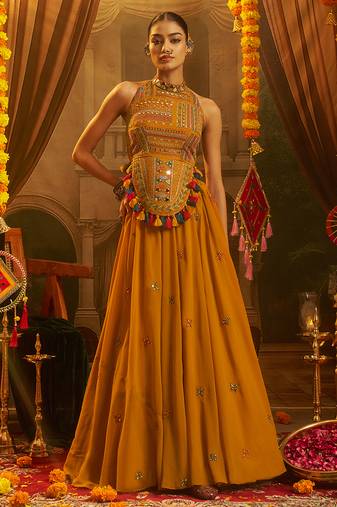 Mustard Yellow Georgette Lehenga with Hand Embroidered Halter Blouse and Tassel Shell Detail