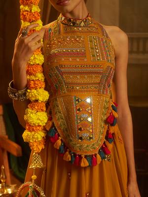 Mustard Yellow Georgette Lehenga with Hand Embroidered Halter Blouse and Tassel Shell Detail 4