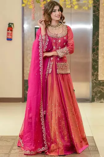 Pink Organza Lehenga Set with Heavy Embroidered Jacket Blouse and Zari Work Dupatta