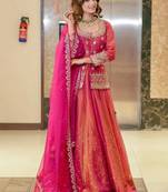 Pink Organza Lehenga Set with Heavy Embroidered Jacket Blouse and Zari Work Dupatta