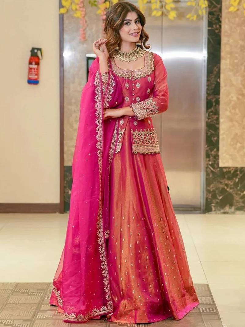 Pink Organza Lehenga Set with Heavy Embroidered Jacket Blouse and Zari Work Dupatta
