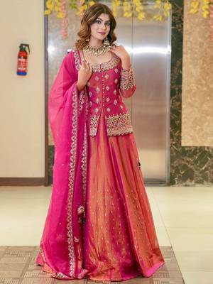 Pink Organza Lehenga Set with Heavy Embroidered Jacket Blouse and Zari Work Dupatta 2