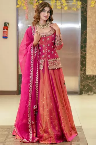 Pink Organza Lehenga Set with Heavy Embroidered Jacket Blouse and Zari Work Dupatta