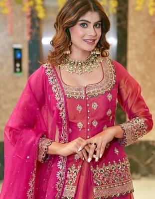 Pink Organza Lehenga Set with Heavy Embroidered Jacket Blouse and Zari Work Dupatta 3