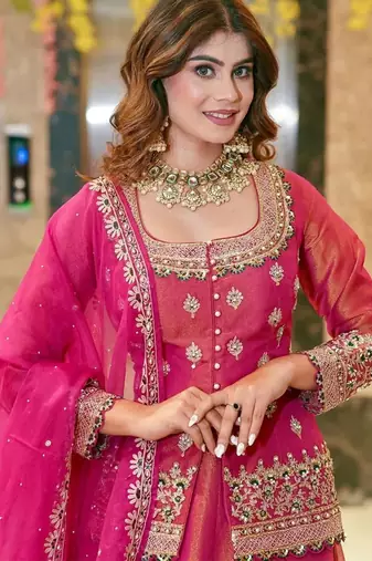 Pink Organza Lehenga Set with Heavy Embroidered Jacket Blouse and Zari Work Dupatta