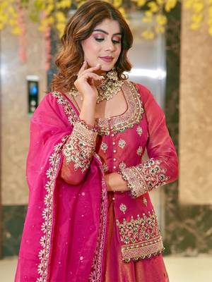 Pink Organza Lehenga Set with Heavy Embroidered Jacket Blouse and Zari Work Dupatta 4