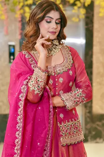 Pink Organza Lehenga Set with Heavy Embroidered Jacket Blouse and Zari Work Dupatta